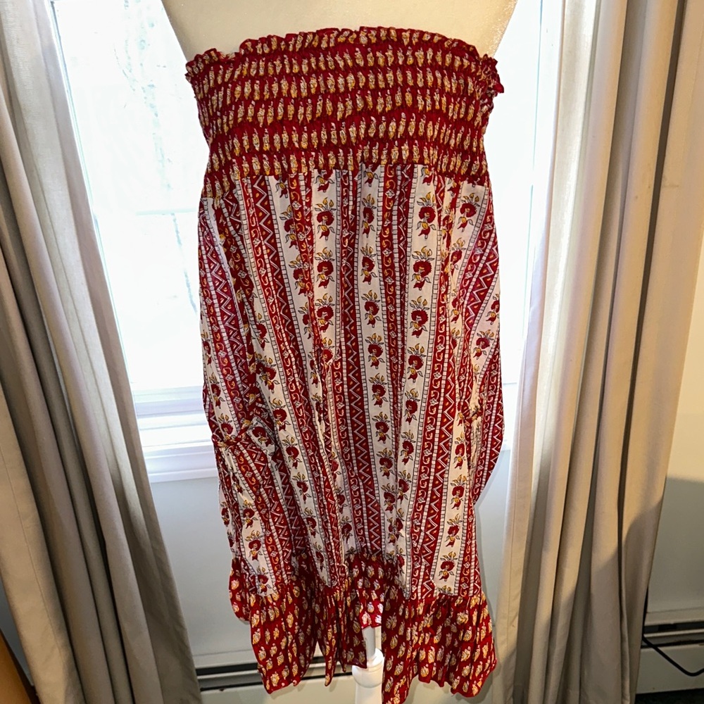 Red, White, & Yellow Boho Women's strapless dress with pockets